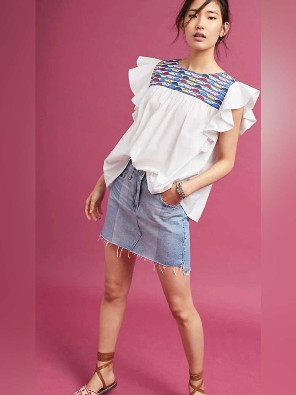 WHIT TWO Anthropologie Embroidered Flutter Sleeve Top White Rainbow Yoke Size LP - Picture 3 of 16